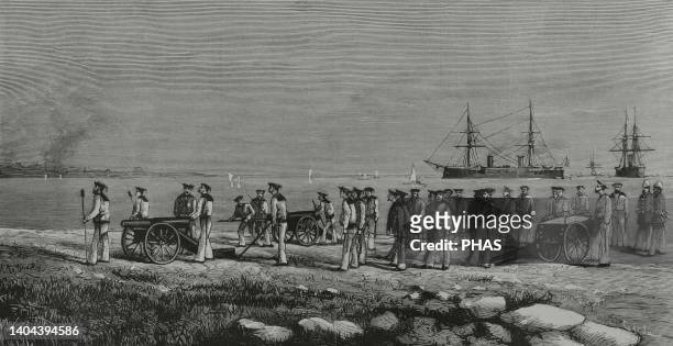 Egypt. Disembarkation of British sailors and bluejackets from the 'Invincible' near Fort Mex, after the bombardment. Engraving by Tomás Carlos Capuz....