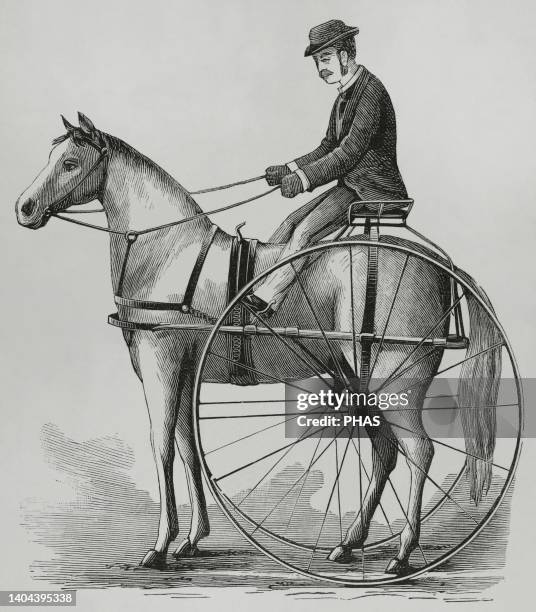 The 'Fast-Sulky'. New locomotion system, invented by Stillman in New Jersey . Engraving. La Ilustración Española y Americana, 1882.