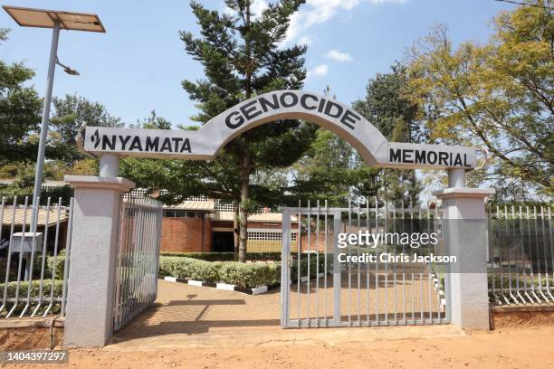 The entrance to the Nyamata Church Genocide Memorial for Victims of the 1994 Rwandan genocide on June 22, 2022 in Nyamata, Rwanda. Prince Charles,...