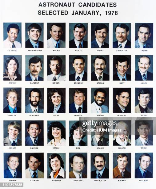 --- This is a montage of the individual portraits of the 35-member 1978 class of astronaut candidates. From left to right are Guion S. Bluford,...