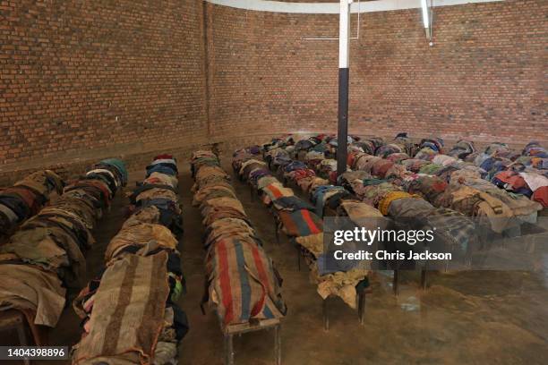 Beds at the Nyamata Church Genocide Memorial for Victims of the 1994 Rwandan genocide on June 22, 2022 in Nyamata, Rwanda. Prince Charles, The Prince...