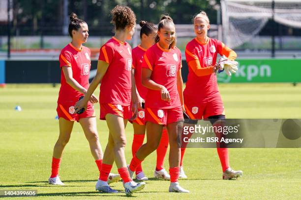 Renate Jansen of the Netherlands and Lieke Martens of the Netherlands during a Training Session of Netherlands Womens National Football Team at the...