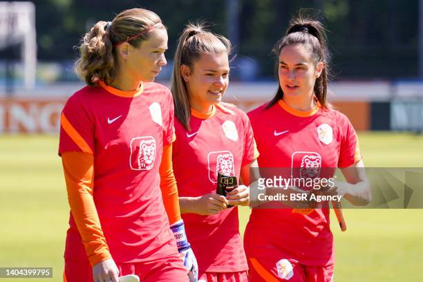 Barbara Lorsheyd of the Netherlands, Romee Leuchter of the Netherlands and Caitlin Dijkstra of the Netherlands during a Training Session of...