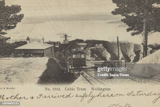 Cable Tram, Wellington, Muir & Moodie studio Wellington, View from the top of the Kelburn Viaduct looking at the approaching cable car, Wellington...