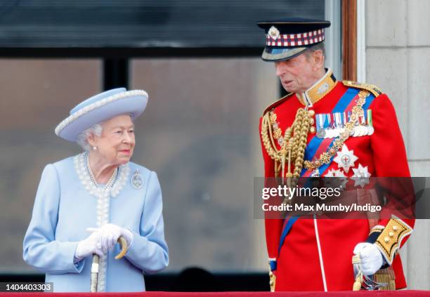 Queen Elizabeth II accompanied by Prince Edward, Duke of Kent takes a salute from the balcony of Buckingham Palace during Trooping the Colour on June...