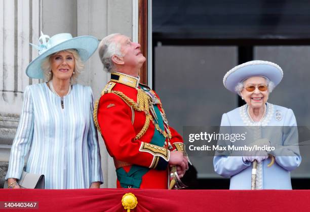 Camilla, Duchess of Cornwall, Prince Charles, Prince of Wales and Queen Elizabeth II watch a flypast from the balcony of Buckingham Palace during...