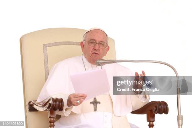 Pope Francis holds his homily in St. Peter's Square during his general weekly audience on June 22, 2022 in Vatican City, Vatican. In his greetings in...