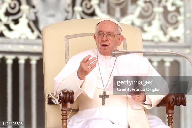 Pope Francis holds his homily in St. Peter's Square during his general weekly audience on June 22, 2022 in Vatican City, Vatican. In his greetings in...