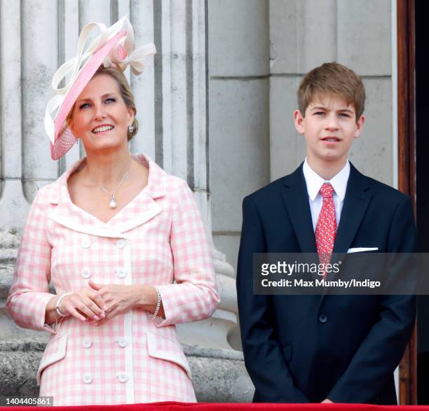 Sophie, Countess of Wessex and James, Viscount Severn watch a flypast from the balcony of Buckingham Palace during Trooping the Colour on June 2,...