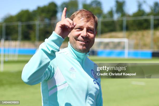 Head coach Frank Kramer speaks to the media after the training session at Parkstadion on June 22, 2022 in Gelsenkirchen, Germany. FC Schalke 04...