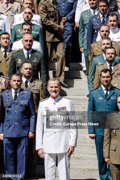 King Felipe VI poses with the graduates of the course, during the closing ceremony of the XXIII Armed Forces Staff Course, at the Centro Superior de...