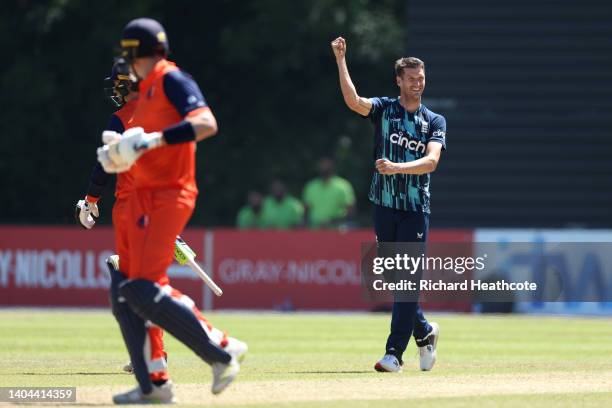 David Payne of England celebrates taking the wicket of Scott Edwards during the 3rd One Day International between Netherlands and England at VRA...