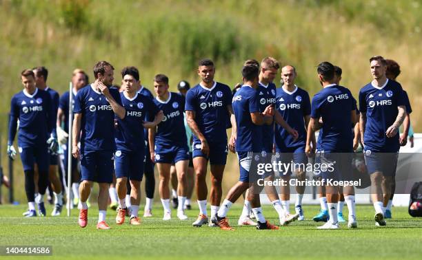 The team of Schalke attends the training session at Parkstadion on June 22, 2022 in Gelsenkirchen, Germany. FC Schalke 04 returned to training with a...