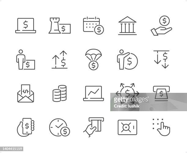 ilustrações de stock, clip art, desenhos animados e ícones de banking icon set. editable stroke weight. pixel perfect icons. - drop pin