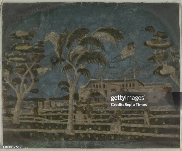 Castle Garden, Block-printed on handmade paper, pasteboard support, Bandbox side fragment. With building in background, underneath the words 'Castle...