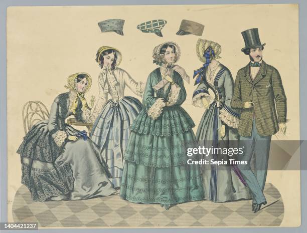 Fashion Plate, Engraving, brush and watercolor on paper, Left, woman sits in chair at small table. Three women, center, with caps above their heads....