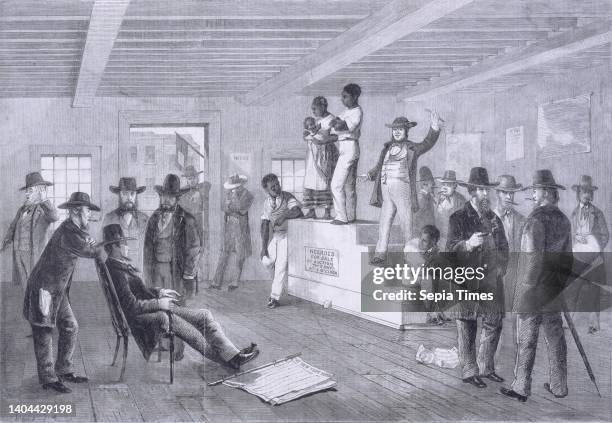 Slave auction in Virginia, still image, Prints, 1861. Racist text is depicted on the podio.