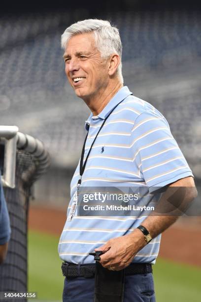 President of Baseball Operations Dave Dombrowski of the Philadelphia Phillies looks on during batting practice of a baseball game against the...