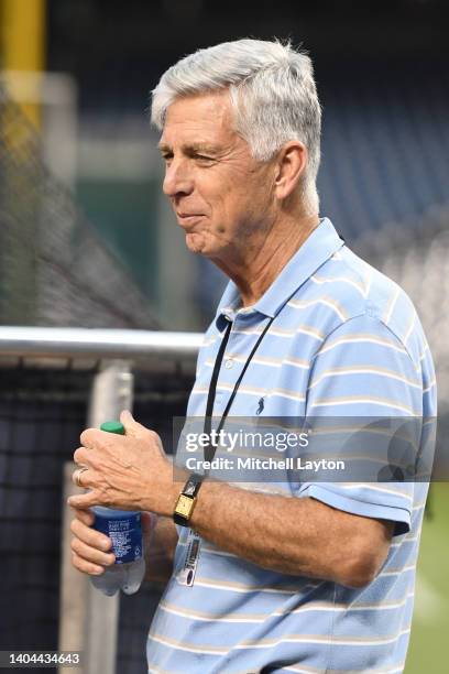 President of Baseball Operations Dave Dombrowski of the Philadelphia Phillies looks on during batting practice of a baseball game against the...