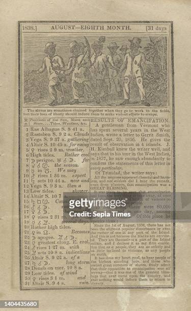 An illustration depicting enslaved men with original caption reading: 'The slaves are sometimes chained together when they go to work in the fields,...