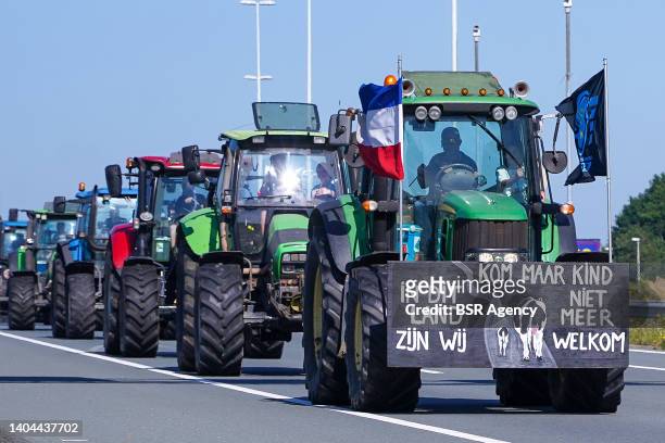 Farmers drive on the highway en route to a protest action against nitrogen policy at A12 Arnhem - Utrecht on June 22, 2022 in Arnhem, Netherlands