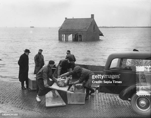 Salvage of a victim of the Watersnood disaster on the Oude Polderdijk near Zierikzee, April 2 salvage, floods, disasters, victims, watersnood, The...