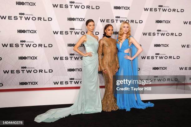 Angela Sarafyan, Tessa Thompson, and Evan Rachel Wood attend the premiere of HBO's "Westworld" Season 4 at Alice Tully Hall, Lincoln Center on June...