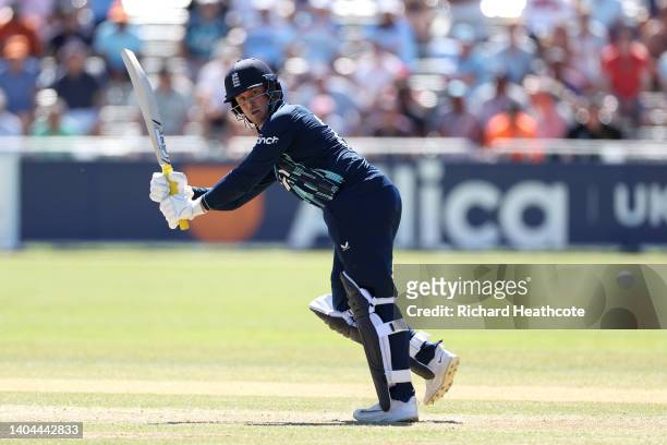 Jason Roy of England bats during the 3rd One Day International between Netherlands and England at VRA Cricket Ground on June 22, 2022 in Amstelveen,...