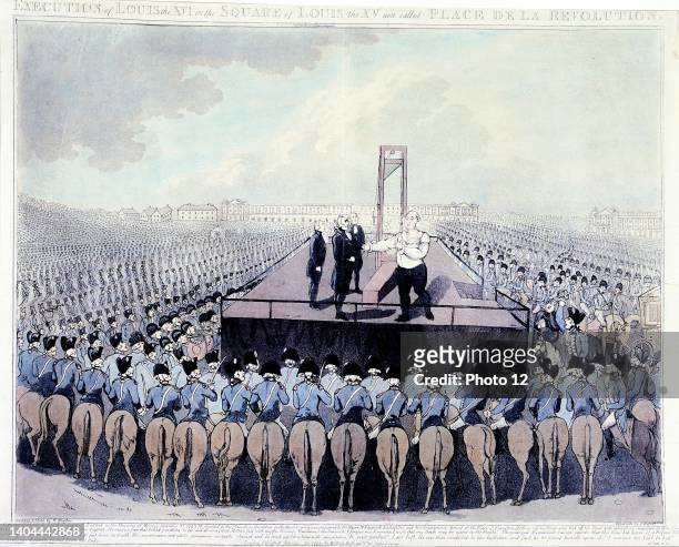Execution of Louis XVI 21 January 1793. King of France from 1774. Louis making his final address to the crowd. Coloured print.