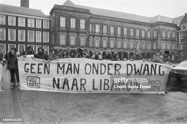 Binnenhof, VVDM and AVNM protest against forced deployment to Lebanon; VVDM protest with banner, February 1 protests, banners, The Netherlands, 20th...