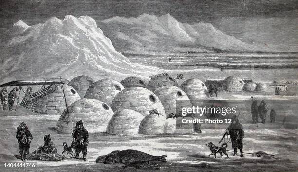 Illustration of an Inuit village, Oopungnewing, near Frobisher Bay on Baffin Island. Mid 19th century.