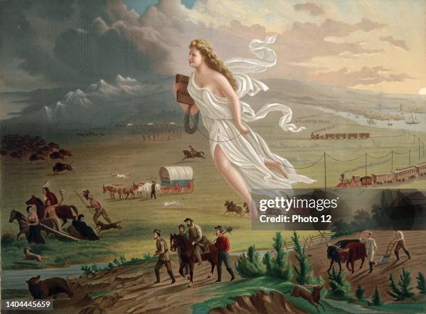 American progress. 'Manifest Destiny'. Allegorical female figure of America leading pioneers and railroads westward. C.1850.