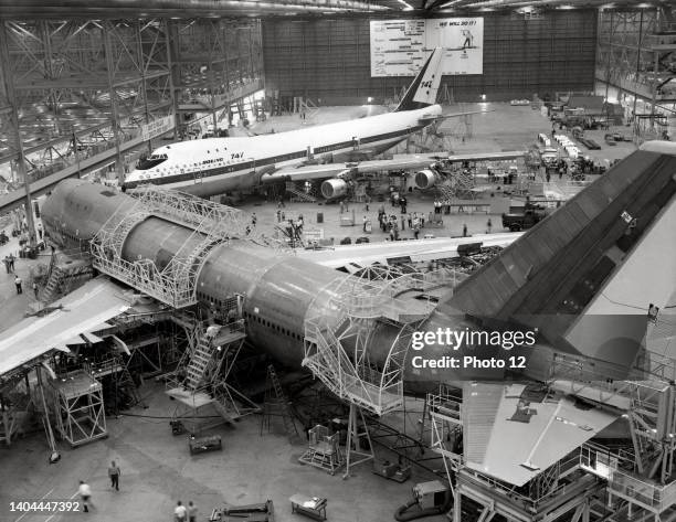 Boeing 747 commercial jetliner assembly line at the Boeing plant in Everett, Washington. October 1969.