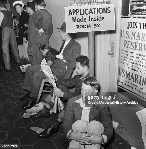 Group of Young Men on Line waiting to Enlist at U.S. Marines Recruitment Headquarters, San Francisco, California, USA, John Collier, Jr., U.S. Office...