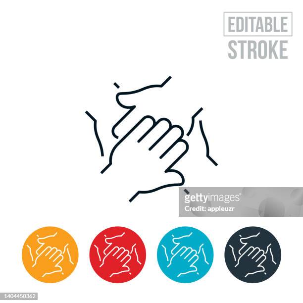 team huddle thin line icon - editable stroke - hand stack stock illustrations