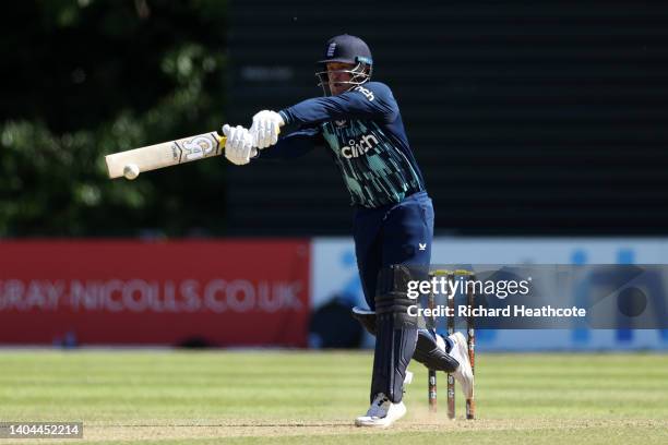 Jason Roy of England bats during the 3rd One Day International between Netherlands and England at VRA Cricket Ground on June 22, 2022 in Amstelveen,...