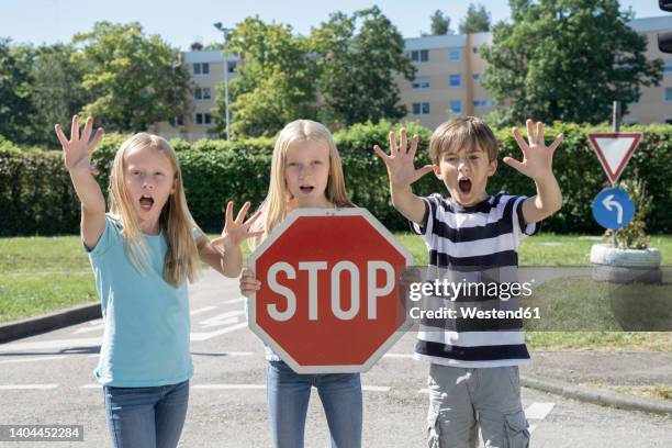 Freind Stop Sign Girl Holding Stop Sign Board Standing By Friends On Sunny Day High-Res ...