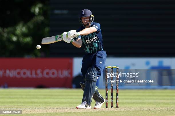 Jos Buttler of England bats during the 3rd One Day International between Netherlands and England at VRA Cricket Ground on June 22, 2022 in...