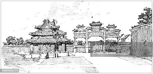 stockillustraties, clipart, cartoons en iconen met antique illustration: china - chinese architecture