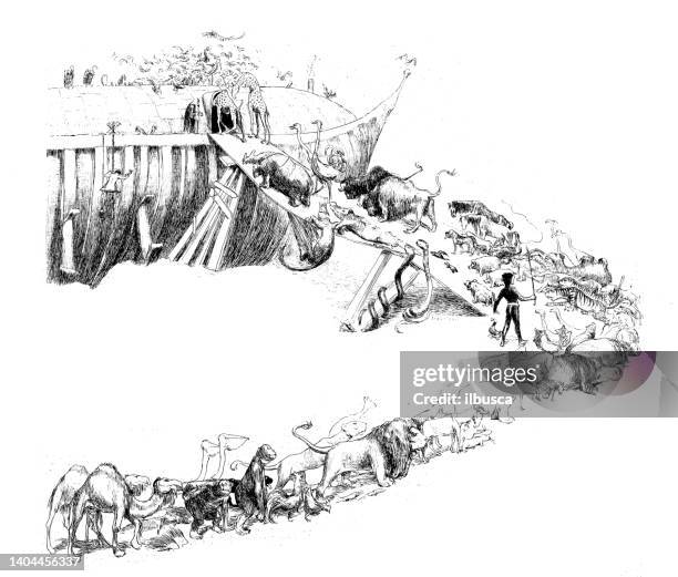 ilustrações de stock, clip art, desenhos animados e ícones de antique illustration: noah's ark queueing - arca