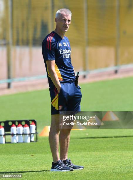 Colin Blackburne Arsenal Academy Physio during the Arsenal U23 training session at London Colney on June 22, 2022 in St Albans, England.