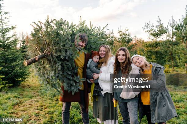 happy family standing together at christmas tree farm - christmas family tree stock-fotos und bilder