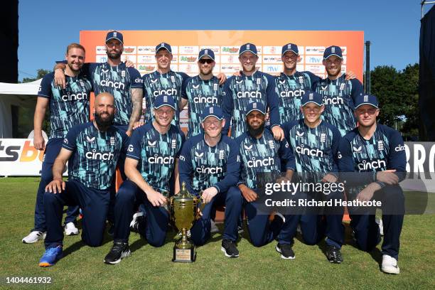 The England team pose with the trophy after winning the series 3-0 during the 3rd One Day International between Netherlands and England at VRA...