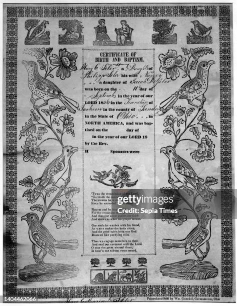 Certificate of Birth and Baptism, American, Woodcut on wove paper, ca. 1830-1840, sheet: 16 x 12 1/2 in., 40.6 x 31.8 cm.