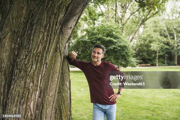 smiling mature man with hand on hip looking at tree in park - tree trunk stockfoto's en -beelden