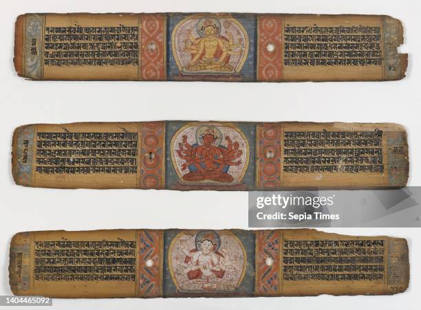 Three Illustrated Palm Leaves from a Pancharaksha Manuscript, Opaque watercolors and ink on palm leaves, 11th-12th century, Each: 2 1/2 x 12 3/4 in.,...