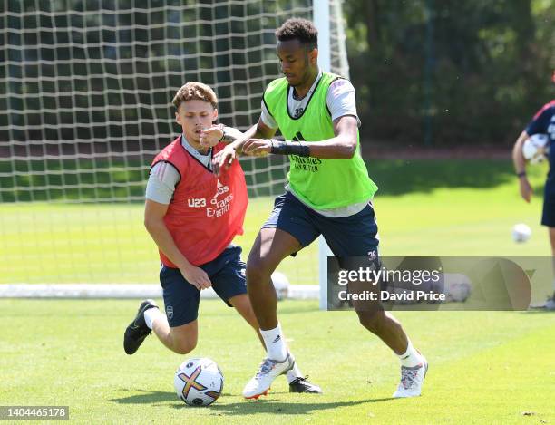 Zach Awe and Ben Cottrell of Arsenal during the Arsenal U23 training session at London Colney on June 22, 2022 in St Albans, England.