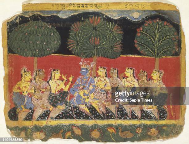 Krishna and the Gopis, Leaf from a Bhagavata Purana Series, Indian, Opaque watercolor on paper, Delhi-Agra region, Uttar Pradesh, India, ca. 1540,...