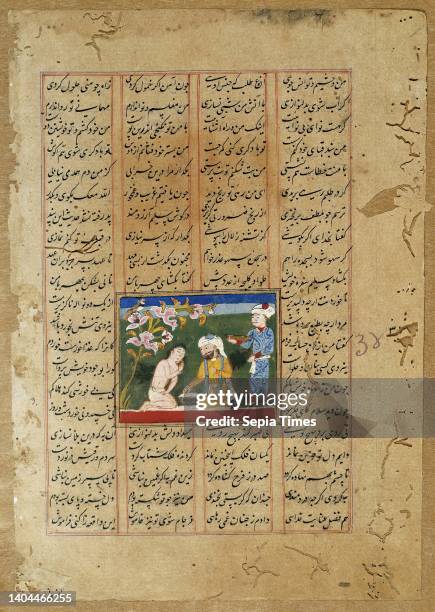 Majnun and his Uncle Salim, Page from a Khamsa of Nizami, Indian, Opaque watercolor and ink on paper, Northern region, India, ca. 1500, Sultanate...