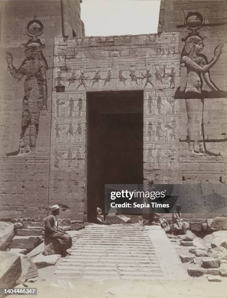 Philae, Close-up view from the south of the Second Pylon Entrance at the Temple of Isis, Albumen silver photograph, late 19th century, image/sheet: 7...